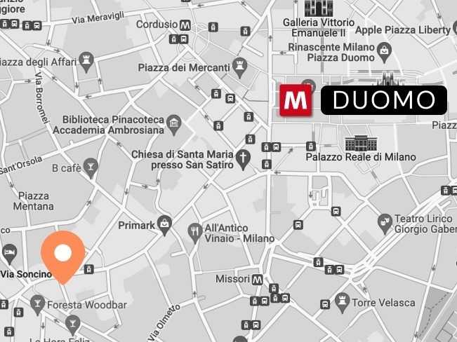 Mappa della sede di MUD a Milano, a pochi passi dal centro vicino alla fermata della metro Duomo